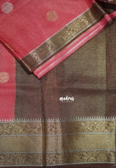 Peach Red - Durga - Banarasi Premium Viscose Silk with Micro Zari Checks and Temple Sculpture Rich Border - Best for Pooja Functions | Diwali Festive