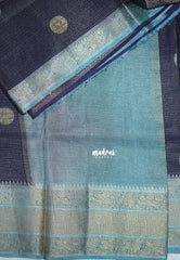Midnight Navy Blue - Durga - Banarasi Premium Viscose Silk with Micro Zari Checks and Temple Sculpture Rich Border - Best for Pooja Functions | Diwali Festive