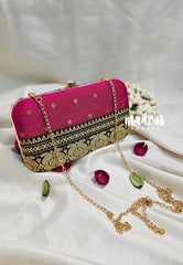 MS7 - Premium Raw Silk Fabric Black and Magenta Pink with Buttas Pin-tuck with Box Clutch for Women