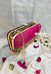 MS7 - Premium Raw Silk Fabric Black and Magenta Pink with Buttas Pin-tuck with Box Clutch for Women