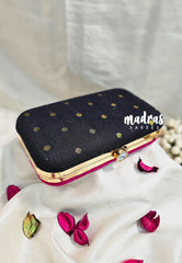 MS7 - Premium Raw Silk Fabric Black and Magenta Pink with Buttas Pin-tuck with Box Clutch for Women
