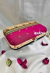 MS7 - Premium Raw Silk Fabric Black and Magenta Pink with Buttas Pin-tuck with Box Clutch for Women