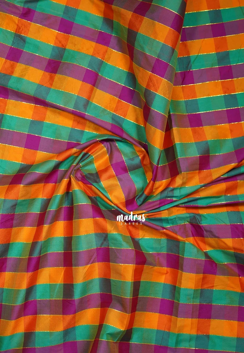Magenta, Green and Orange - Mayuri - Premium Silk Madras Checks Paalum Pazhamum Kattam Running Blouse Fabric