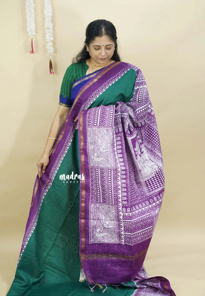 Green with Purple - Chanderi cotton silk Saree with Madhubani Prints Pallu