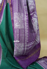 Green with Purple - Chanderi cotton silk Saree with Madhubani Prints Pallu