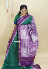 Green with Purple - Chanderi cotton silk Saree with Madhubani Prints Pallu