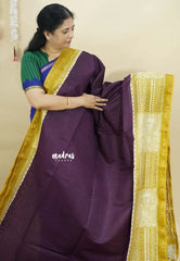 Winered with Mustard Yellow - Chanderi cotton silk Plain Saree with Madhubani Prints Pallu