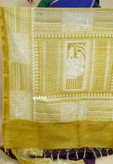 Winered with Mustard Yellow - Chanderi cotton silk Plain Saree with Madhubani Prints Pallu