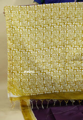 Winered with Mustard Yellow - Chanderi cotton silk Plain Saree with Madhubani Prints Pallu