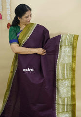 Winered with Olive Green - Chanderi cotton silk Plain Saree with Madhubani Prints Pallu