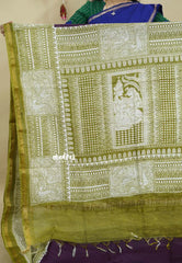 Winered with Olive Green - Chanderi cotton silk Plain Saree with Madhubani Prints Pallu