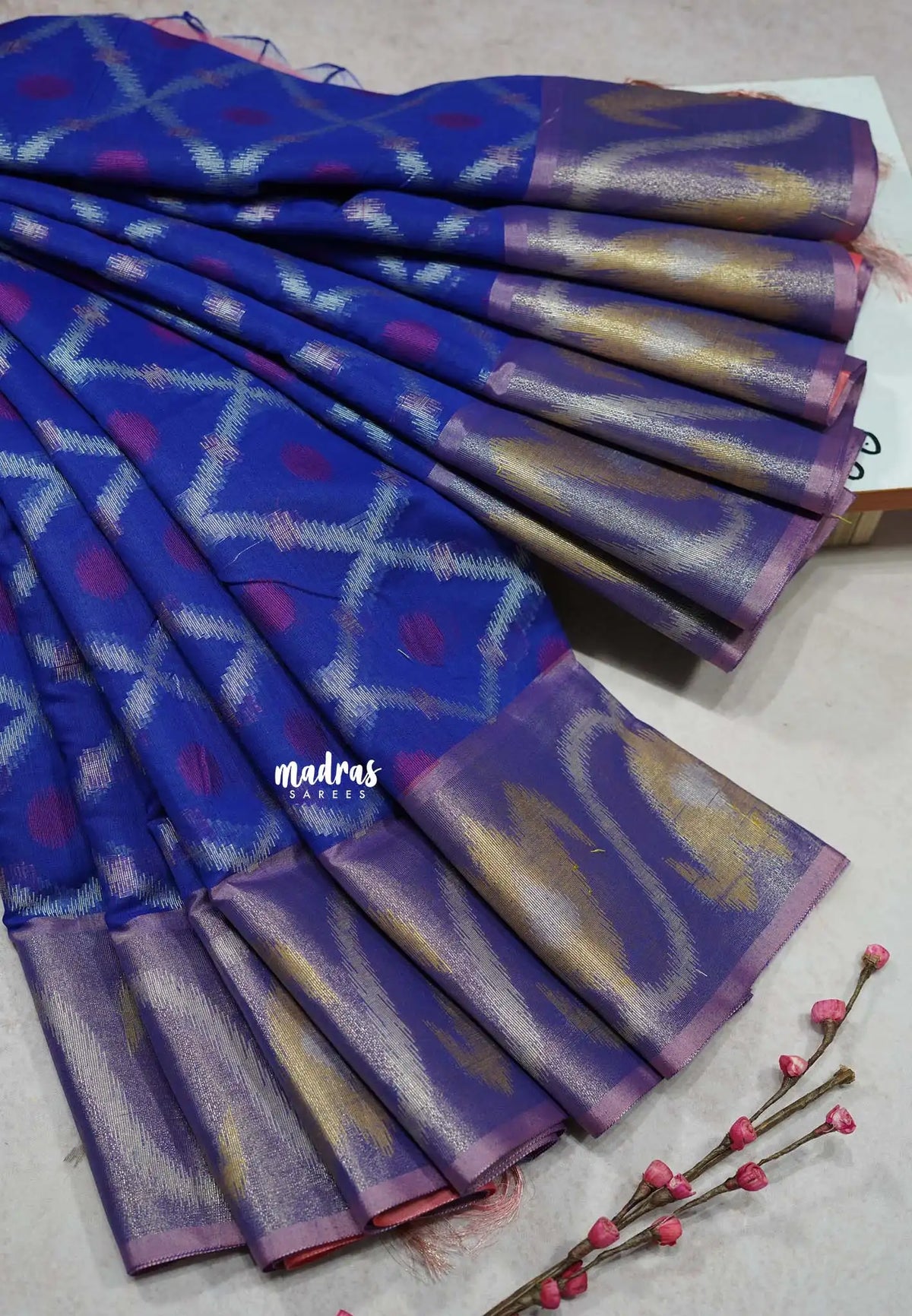 MS Blue - Chandrika - Ikkat Pochampally Silk cotton with Tissue border