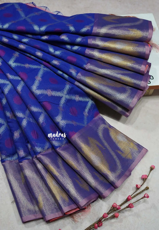 MS Blue - Chandrika - Ikkat Pochampally Silk cotton with Tissue border