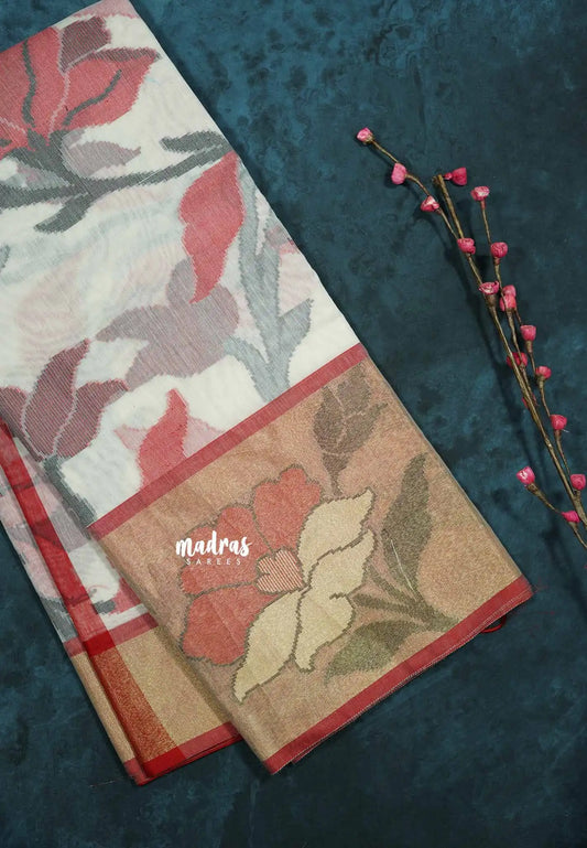 Halfwhite - Chandrika - Ikkat Pochampally Silk cotton with Tissue border