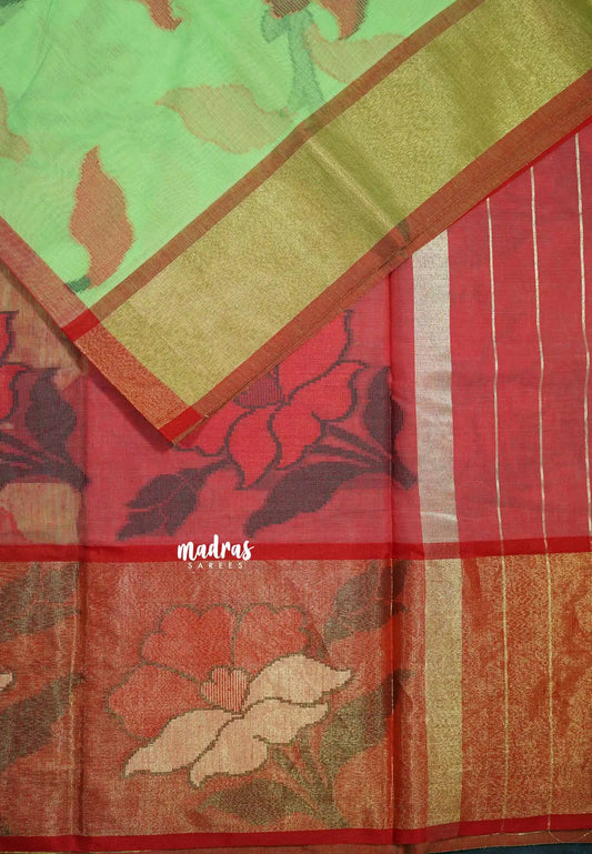 Light Green - Chandrika - Ikkat Pochampally Silk cotton with Tissue border