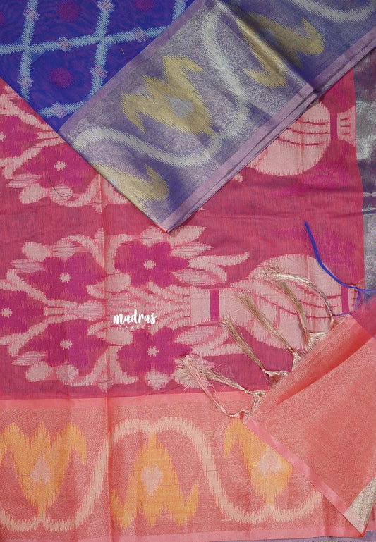 MS Blue - Chandrika - Ikkat Pochampally Silk cotton with Tissue border