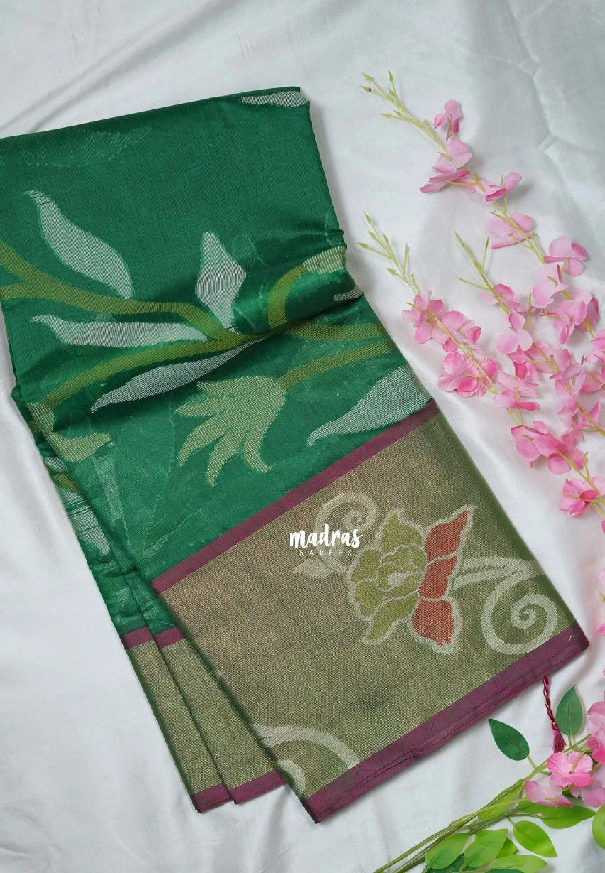 Classic Green - Chandrika - Ikkat Pochampally Cotton Silk with Tissue border - Best for Pooja Function