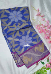 Cobalt Blue - Chandrika - Ikkat Pochampally Cotton Silk with Tissue border - Best for Pooja Function