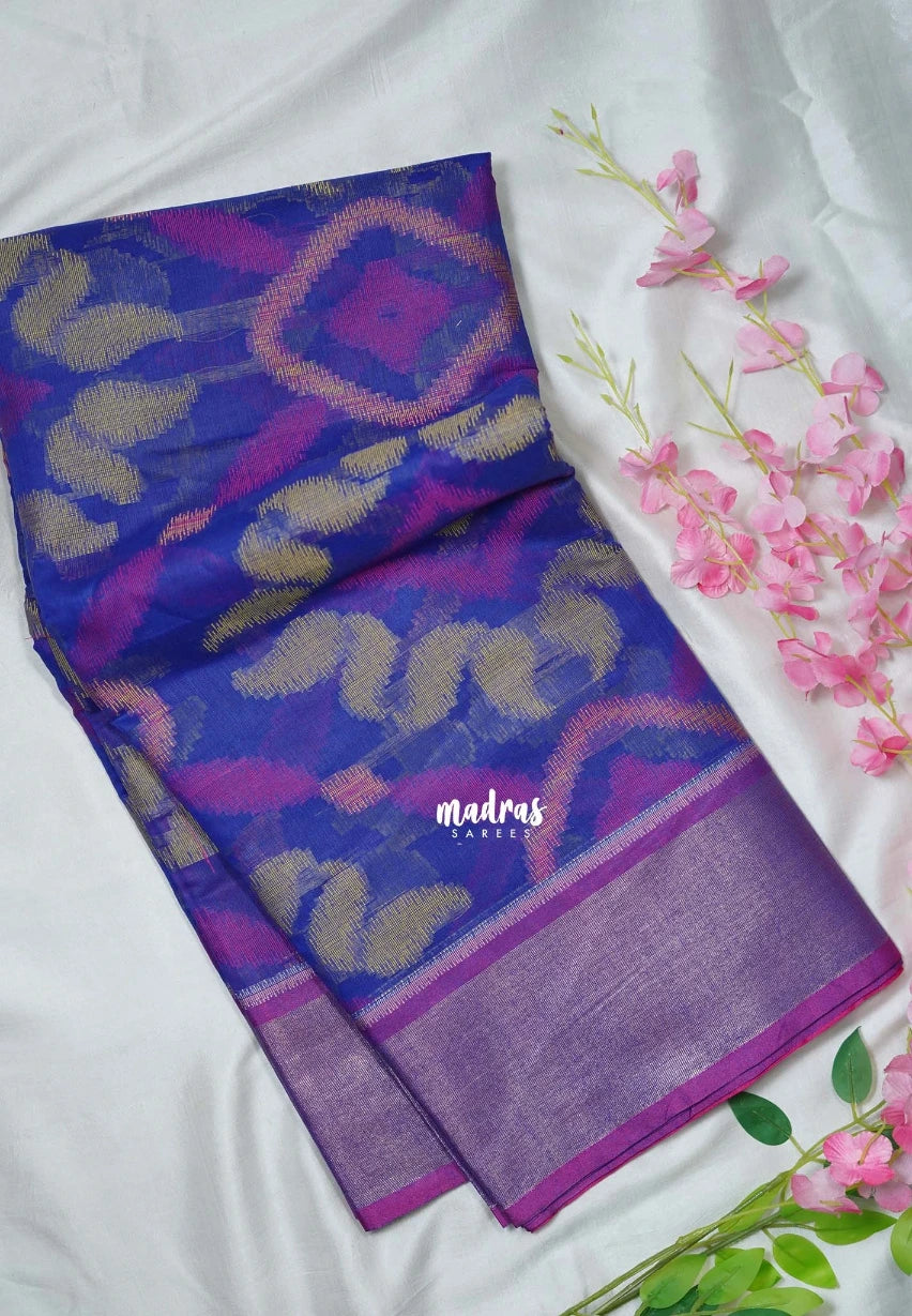 MS Amma Blue - Chandrika - Ikkat Pochampally Cotton Silk with Tissue border - Best for Pooja Function