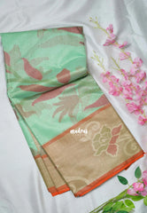 Mint Green - Chandrika - Ikkat Pochampally Cotton Silk with Tissue border - Best for Pooja Function
