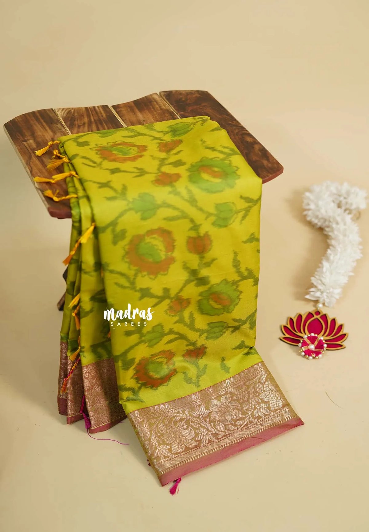 Yellowish Green - Chandrika - Ikkat Pochampally Soft Silk with Zari Border