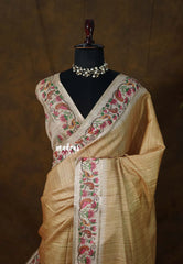 Sandal Brown - Chitraleka - Semi Tussar Silk with Jute Texture & Zari Stripes | Perfect for Small Functions