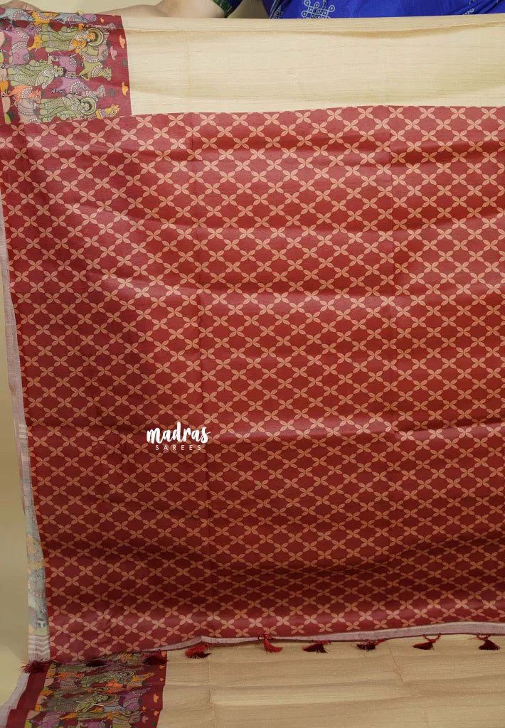 Chikoo with Maroon- Chitraleka - Semi tussar silk with kalamkari depiction border and pallu