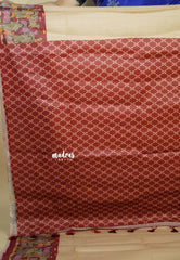 Chikoo with Maroon- Chitraleka - Semi tussar silk with kalamkari depiction border and pallu
