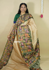 Chikoo with Green - Chitraleka - Semi tussar silk with kalamkari depiction border and pallu