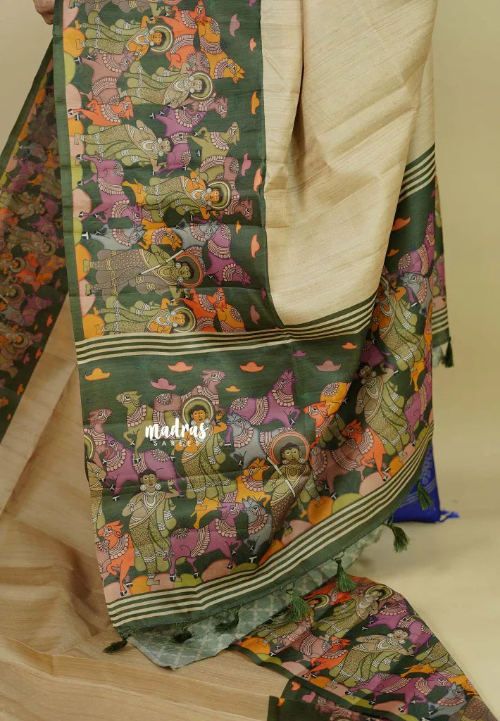Chikoo with Green - Chitraleka - Semi tussar silk with kalamkari depiction border and pallu