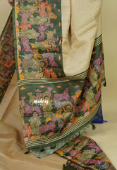 Chikoo with Green - Chitraleka - Semi tussar silk with kalamkari depiction border and pallu