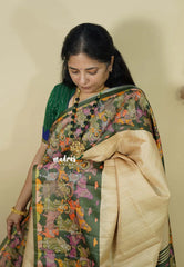 Chikoo with Green - Chitraleka - Semi tussar silk with kalamkari depiction border and pallu