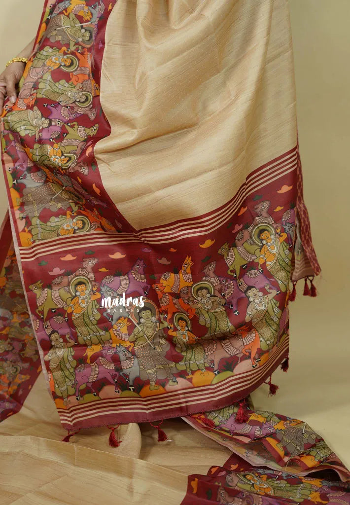 Chikoo with Maroon- Chitraleka - Semi tussar silk with kalamkari depiction border and pallu