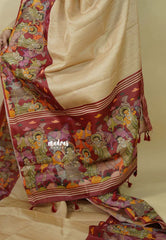 Chikoo with Maroon- Chitraleka - Semi tussar silk with kalamkari depiction border and pallu