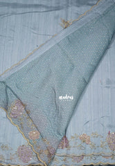 Cloudy Blue - Chitraleka - Semi Tussar Silk Embroidery with Scallop Border | Perfect for Pooja Functions