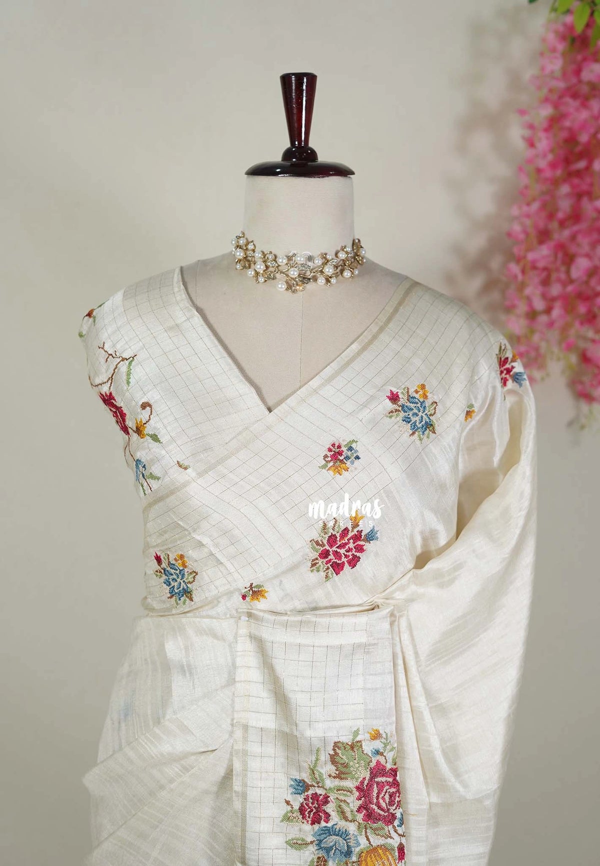Ivory White - Chitraleka - Semi Tussar Silk Petite Embroidery with Satin Border | Perfect for Pooja Functions