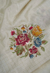 Ivory White - Chitraleka - Semi Tussar Silk Petite Embroidery with Satin Border | Perfect for Pooja Functions