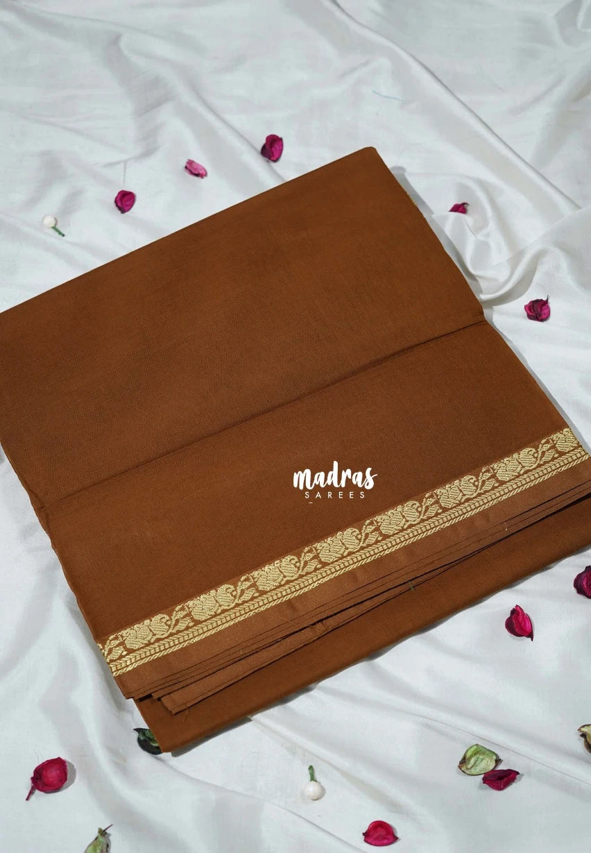 Mustard Brown - Classic Kanchi Cotton Plain Body with Small Annam Border - Best for Small Functions