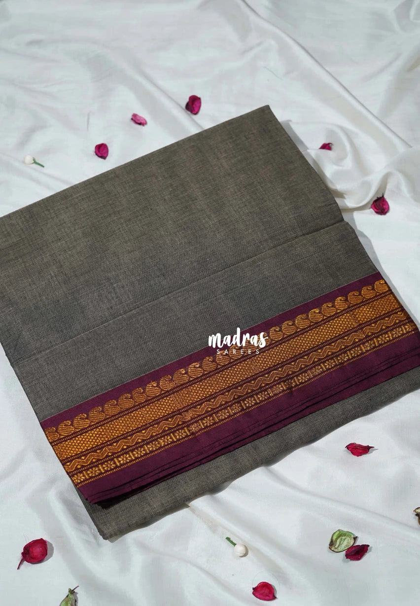 Charcoal Grey - Classic Kanchi Cotton Plain Body with Mango Border - Best for Casual Wear | Temple Visit