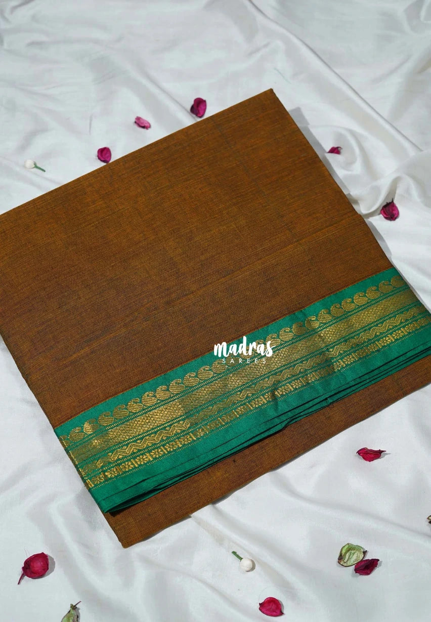 Mustard Brown - Classic Kanchi Cotton Plain Body with Mango Border - Best for Casual Wear | Temple Visit