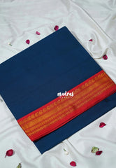 Dark Teal Blue - Classic Kanchi Cotton Plain Body with Mango Border - Best for Casual Wear | Temple Visit