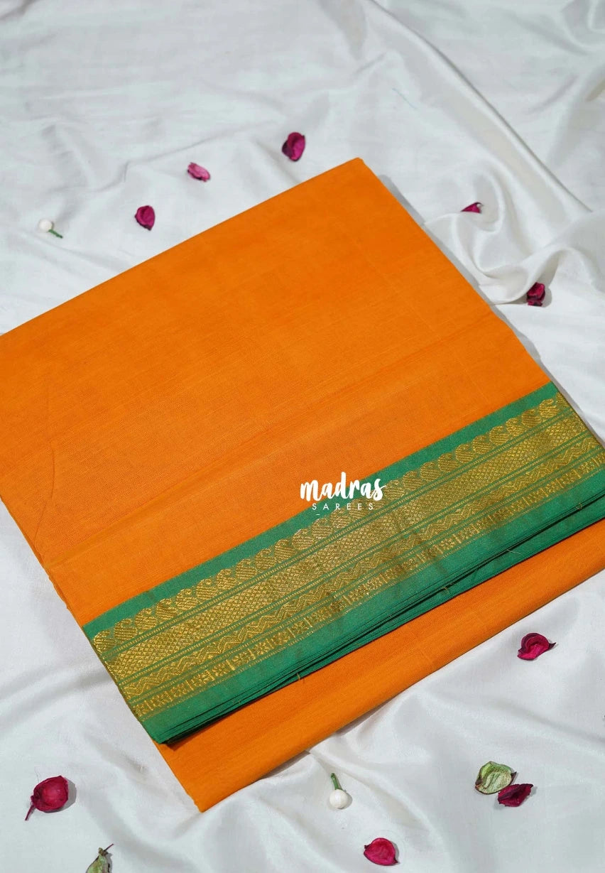 Orangish Yellow - Classic Kanchi Cotton Plain Body with Mango Border - Best for Casual Wear | Temple Visit