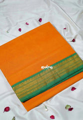 Orangish Yellow - Classic Kanchi Cotton Plain Body with Mango Border - Best for Casual Wear | Temple Visit