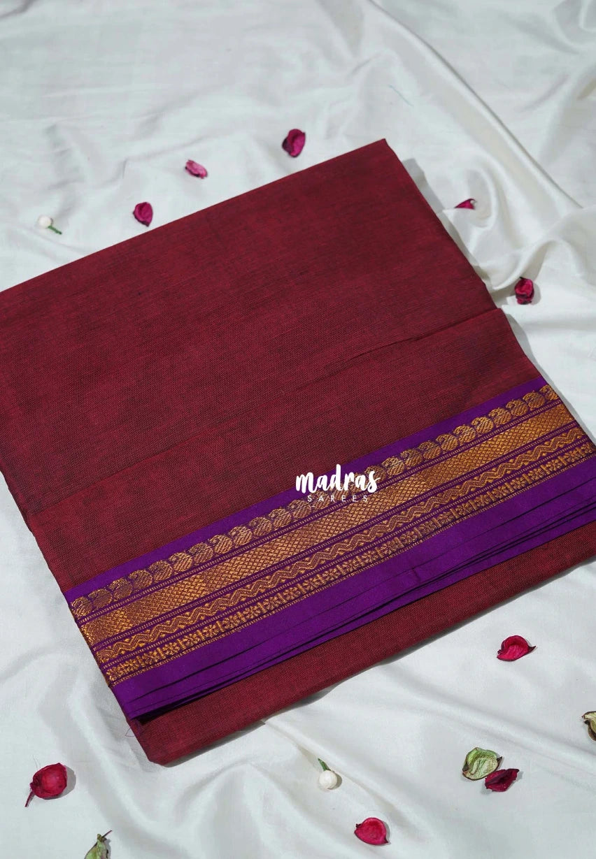 Dual Shade Beet Maroon - Classic Kanchi Cotton Plain Body with Mango Border - Best for Casual Wear | Temple Visit