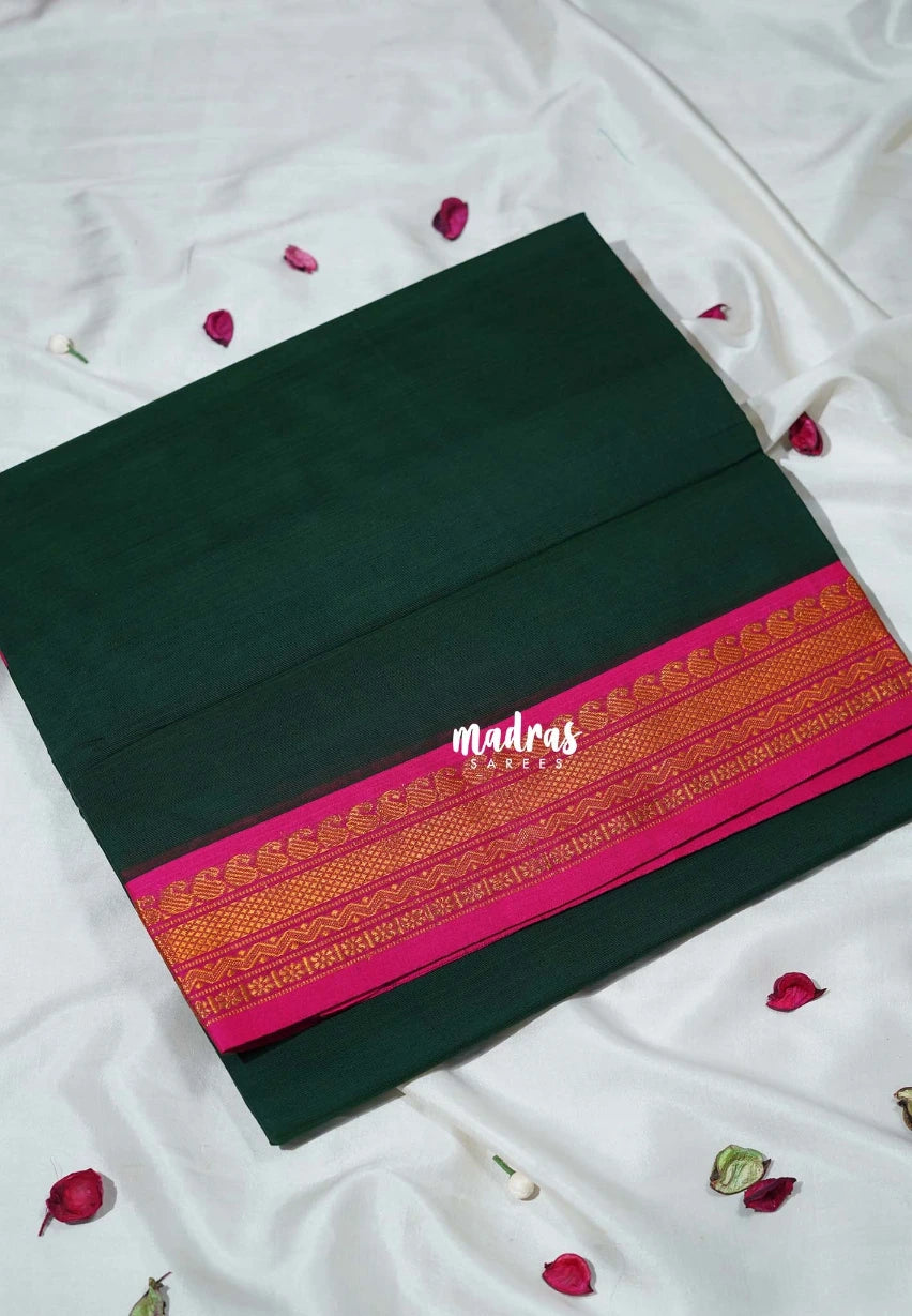 Midnight Green - Classic Kanchi Cotton Plain Body with Mango Border - Best for Casual Wear | Temple Visit