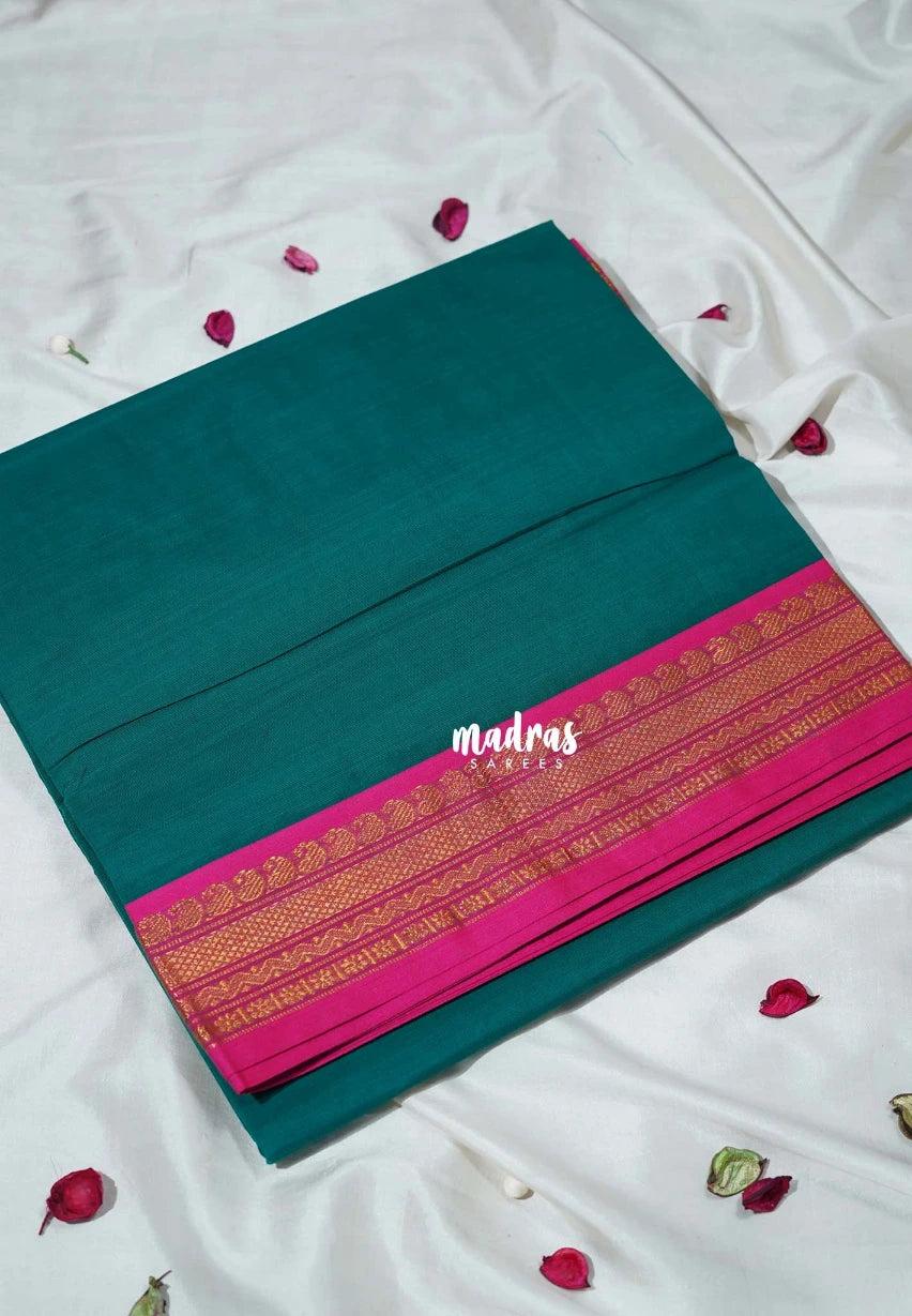 Teal Green - Classic Kanchi Cotton Plain Body with Mango Border - Best for Casual Wear | Temple Visit