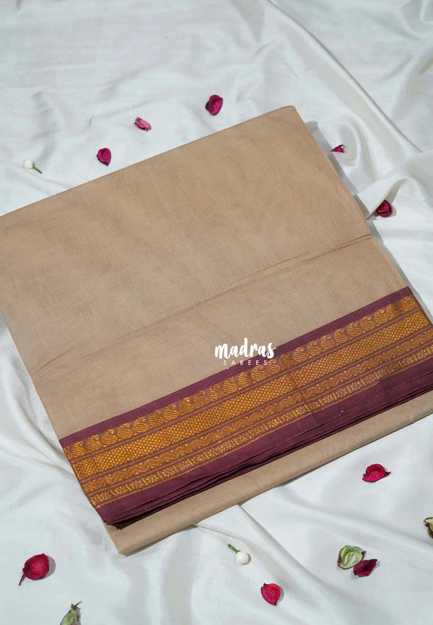 Biscuit Beige - Classic Kanchi Cotton Plain Body with Mango Border - Best for Casual Wear | Temple Visit
