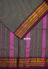 Charcoal Grey - Classic Kanchi Cotton Plain Body with Mango Border - Best for Casual Wear | Temple Visit