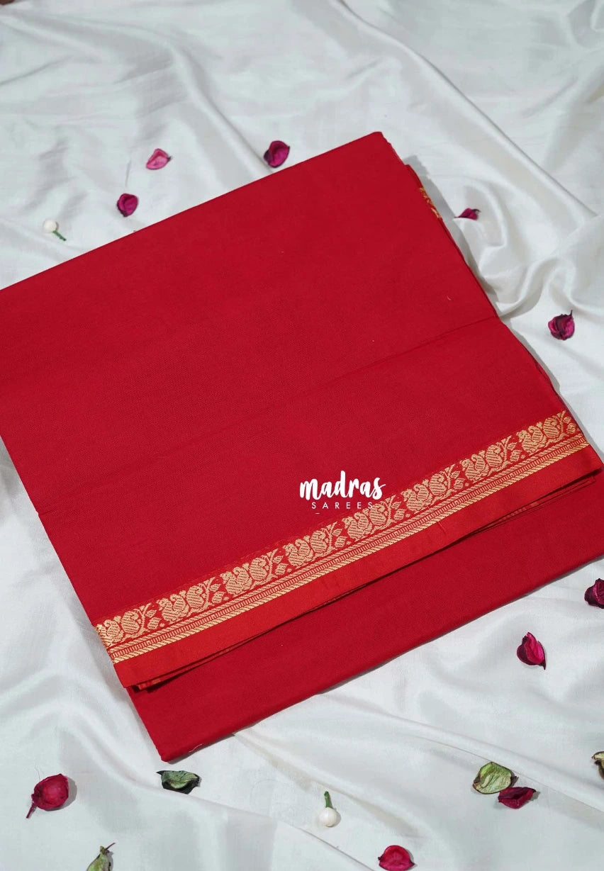 Classic Red - Classic Kanchi Cotton Plain Body with Small Annam Border - Best for Small Functions