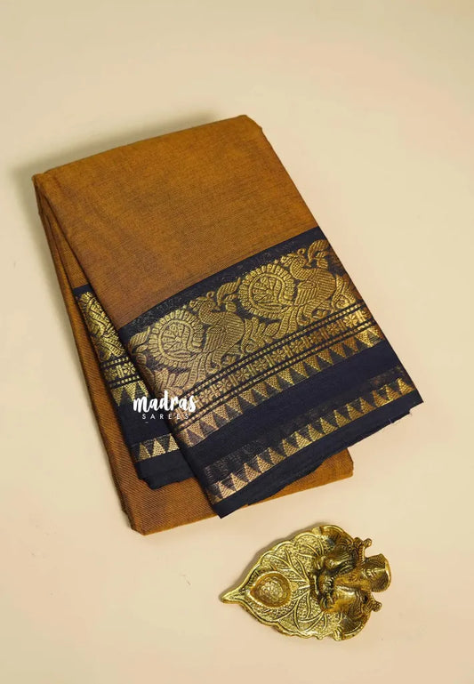Honey Mustard -  Classic Kanchi cotton with Peacock Border no Blouse
